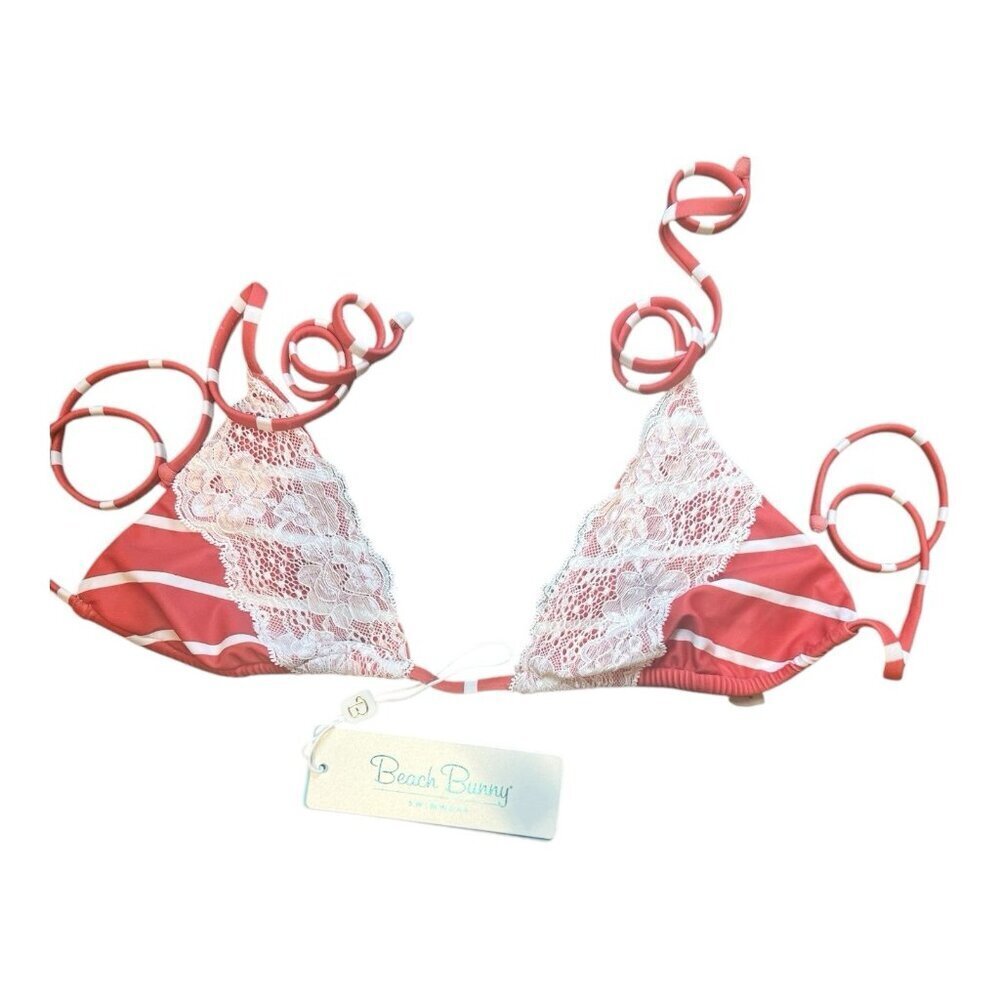 Beach Bunny Swimwear Tri Top Lady Lace Bikini Top Sz Medium Red White Stripes - Picture 2 of 5